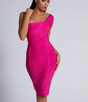 MESHKI Eloise Asymmetric Bandage Midi Dress One Shoulder Stretch Knit Bodycon